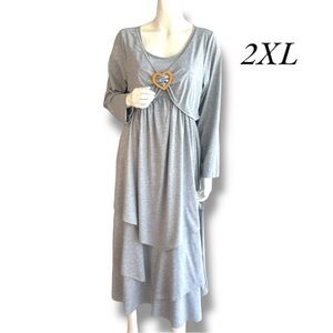 Loaiha Gray Long Sleeve, Pleated Tiered Ruffle Maxi Dress. Women’s Size 2XL